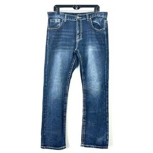 True Luck Mens Jeans Blue Medium Wash Denim Stretch Zip Fly Thick Stitch 34X32